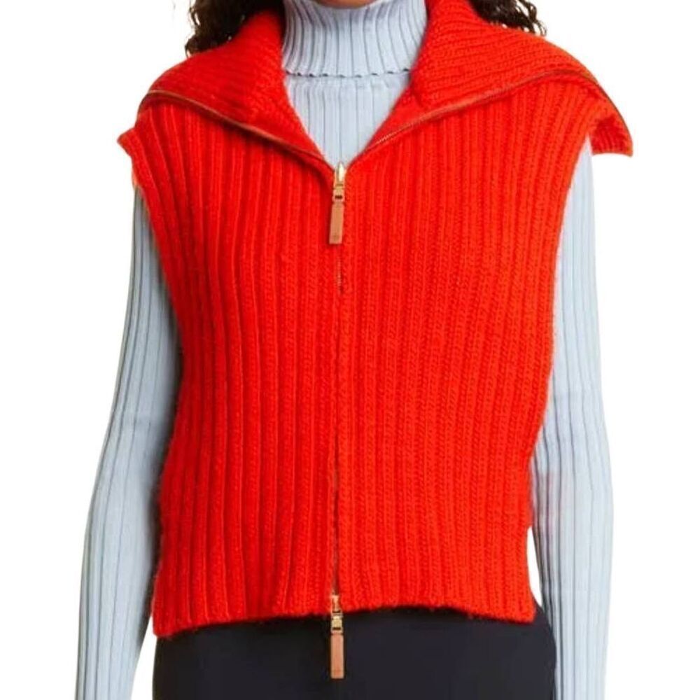 NWT Tory Burch Sweater Women's Large Vibrant Red Wool Dickie Zip Front